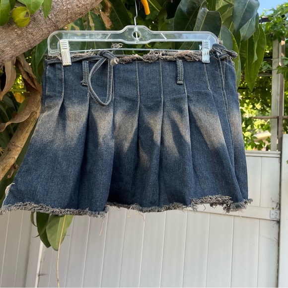 Dresses & Skirts - Pleated Denim Mini Skirt Dark Wash Wrap Skirt.